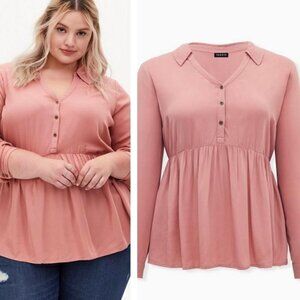 torrid | Peplum Rayon Twill Button-Front Top in Desert Sand